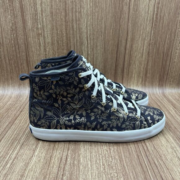 Keds X Rifle Paper Co Kickstart Hi Queen Anne Midnight Gold Sneakers Size 8.5 - Picture 1 of 9